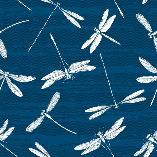 Wellige. Vektor Weiße Silhouetten von Libellen, Wellen auf dem blauen