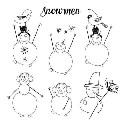 Vogel. Vektor sechs cartoonartige Schneemänner in Skandinavien-Stil auf weißem