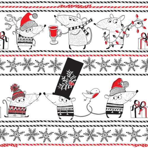 Vektorgrafik weihnachtsmäuse, schneeflocken, festliche schnüre auf weißem