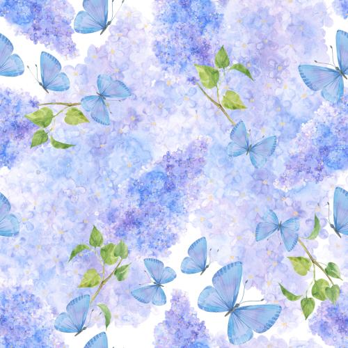 Flieder. Vektor Wasserfarbenlilie, Butterflies auf weißem