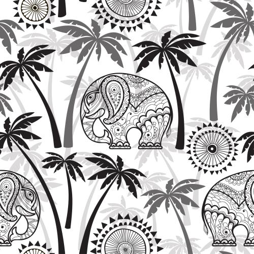 Elefant. Vektor dekorative Elefanten und Elemente, schwarze und graue Silhouetten der Palmen auf weißem