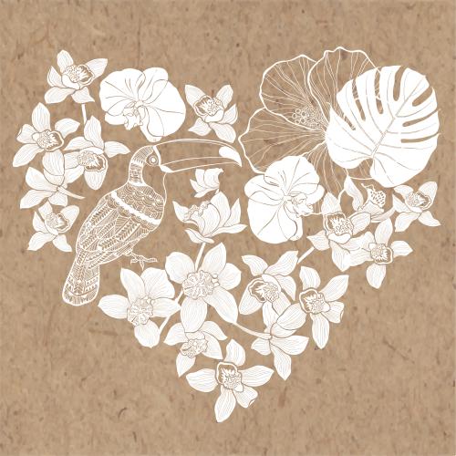 Tukan. Vektor tropische Komposition mit Tukan, Orchideen, Blatt der Monstera und Blume des Hibiskus in Form eines Herzens auf Karte