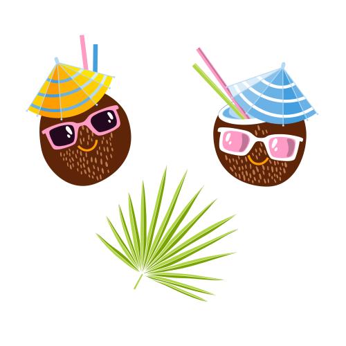 Kokosnuss. Vektor zwei cartoonartige Kokoscocktails in Sonnenbrillen und ein Palmenblatt auf weißem
