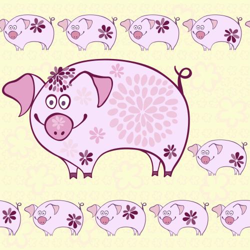Vektorgrafik süße cartoonartige rosa schweinchen auf einem blumenfeld