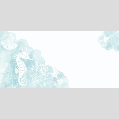 Vektorgrafik meerespferd muscheln meeressterne nautilus korallen auf blauen aquarell-fragmenten platz für text auf weiß