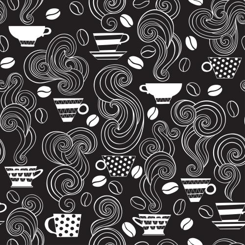 Vektorgrafik tassen mit kaffee, kaffeebohnen auf schwarzem