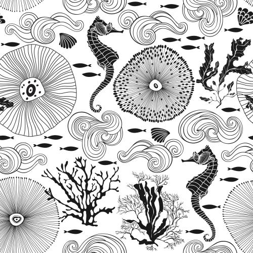 Vektorgrafik abstrakte meereskreaturen, meeresrosse, fische, muscheln, korallen, algen, dekorative wellen auf weißem