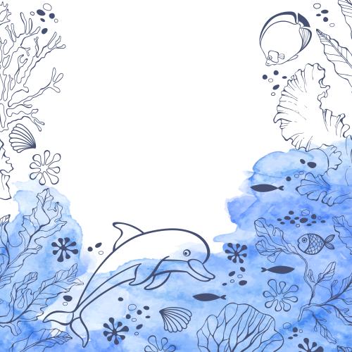 Alge. Vektor Delfin, Fische, Meeressalate und Korallen, blauer Aquarellfragment auf weißem