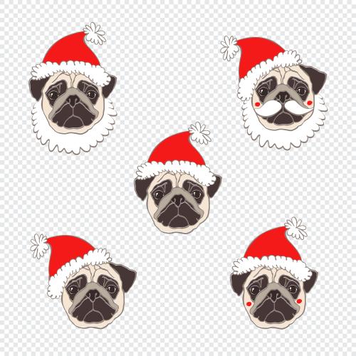 Weihnachtsmann. Vektor Mops, fünf lieben Gesichter in neujährigen Hüten