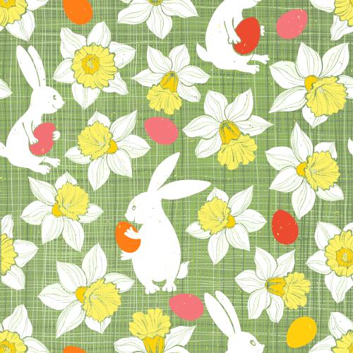 Hase. Vektor hübsche Kaninchen mit Ostereiern, Narzissen auf grünem kariertem Hintergrund