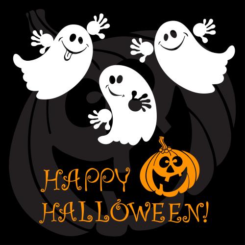 Geist. Vektor drei hübschen cartoonartigen Geister, Kürbis-Laterne, Schriftzug happy halloween auf schwarzem