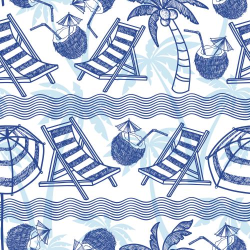Strand. Vektor Palmen, Wellen, Symbole des Strandurlaubs auf weißem