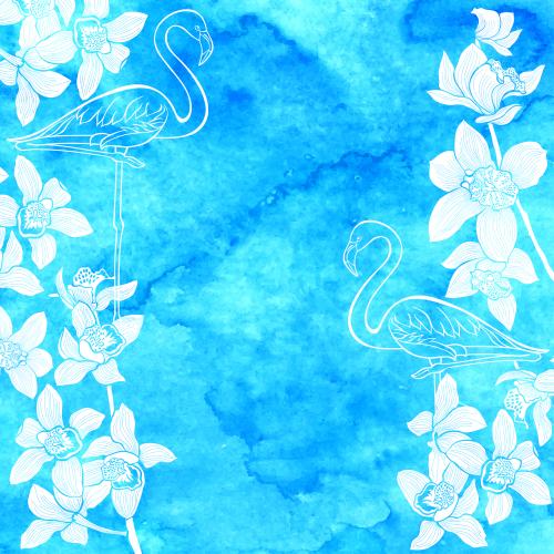 Abstrakte. Vektor weiße Silhouetten von Orchideen und konturierte Abbildung von Flamingos auf türkisem Aquarell