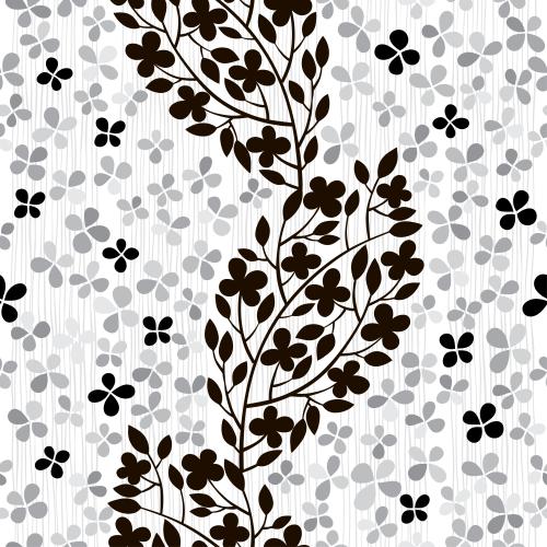 Vektorgrafik silhouetten monochromer blumen und blühender zweige auf weißem streifenmuster