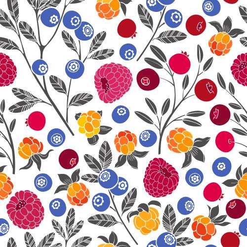 Druck auf Tapeten. Vektor Himbeeren, Moorbeeren, Kranbeeren und Blaubeeren auf weißem