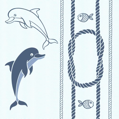 Wellige. Vektor Delfine, Fische, Meerseile und Meerstern auf blauen Wellen