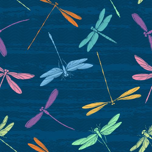 Wellige. Vektor farbenfrohe Silhouetten von Libellen, Wellen auf dem Blau