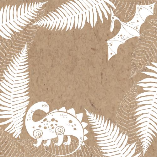 Farn. Vektor quadratische Rahmen mit einem Zeichentrick-Dinosaurier, Pterodaktyl und Farnen auf Kraftpapier