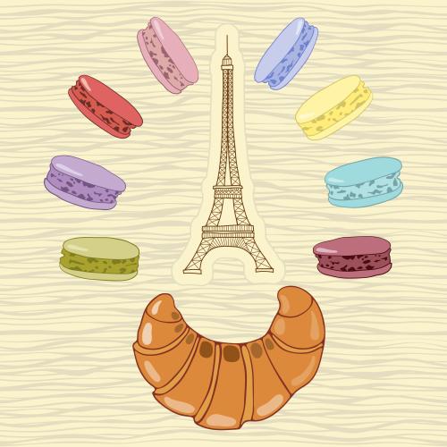 Macaron. Vektor Eiffelturm, Croissant und farbenfrohe Macarons