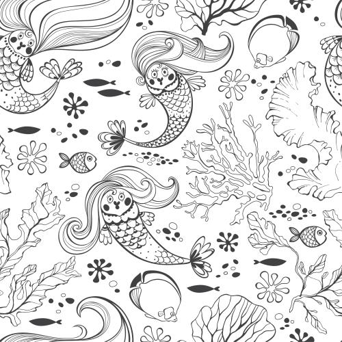 Alge. Vektor fabelhafte Unterwasserwelt, Nymphen, Fische, Algen, Korallen auf weißem