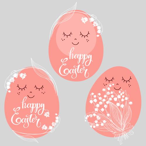 Vektorgrafik drei cartoonartige oster-eier mit lilien und aufschriften frohe ostern