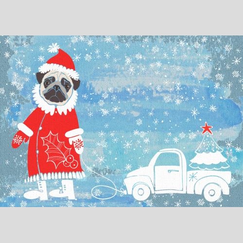 Auto. Vektor süßer mops in einem weihnachtskostüm mit auto und tannenbaum auf einem malerischen blau