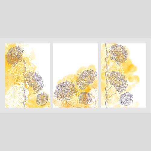 Chrysantheme. Vektor drei karten mit chrysanthemen auf gelbem aquarell
