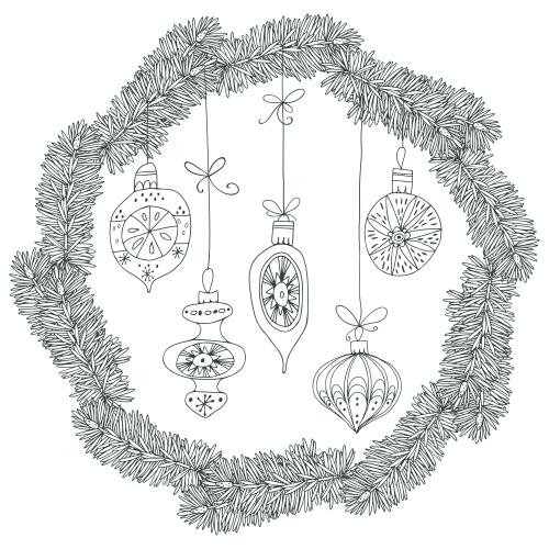 Kiefer. Vektor Kranz aus Nadelzweigen mit Weihnachtsschmuck auf weißem