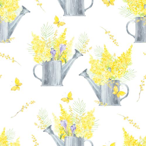 Gießkanne. Vektor mimose und Krokusse, Akvarellblumen in Tassen, Schmetterlinge auf Weißem