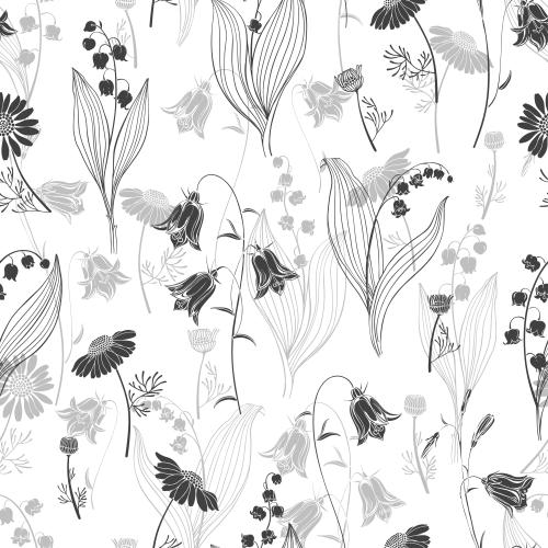 Vektorgrafik kuckucksuhren lilien gänseblümchen schwarze und graue silhouetten auf weiß