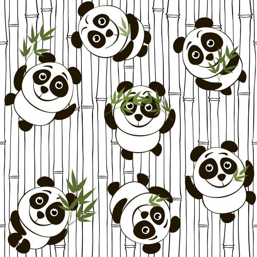Bambus. Vektor Bambusstängel, hübsche cartoonartige Pandas mit grünen Bambuszweigen