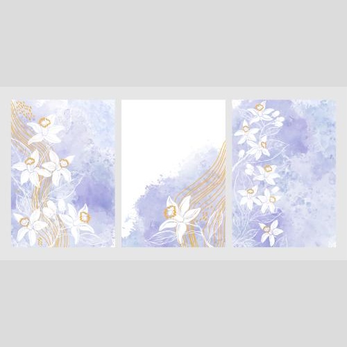 Neroli. Vektor Neroli, wellenfoermige Linien auf Aquarell, drei Karten