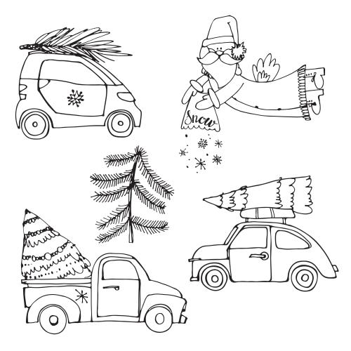 Auto. Vektor Cartoon-Maschinen mit Tannenbäumen, Bartmann, Tannenbaum auf weißem