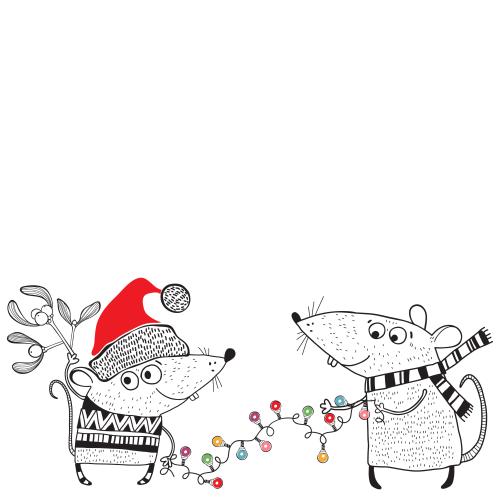 Vektorgrafik weihnachts-cartoonartige mäuse mit mistel und lichterkette platz für text auf weißem