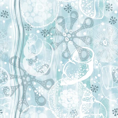 Vektorgrafik dekorative abstrakte meereslebewesen, muscheln, wellenförmige linien auf blauen aquarell