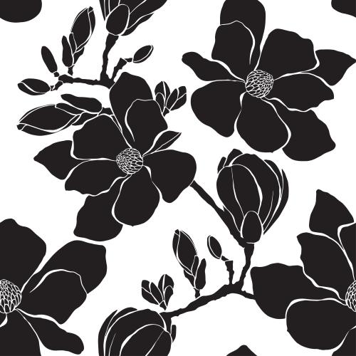 Knospe. Vektor Magnolie, schwarze Silhouetten von Blumen auf weißem