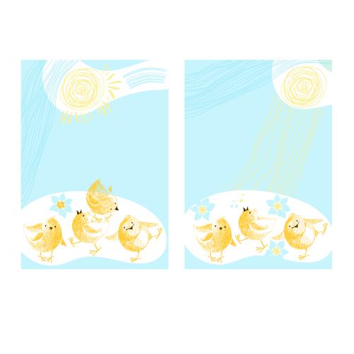Vektorgrafik zwei frühlingskarten mit niedlichen küken, der sonne und narzissen