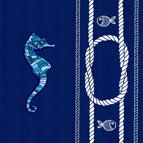 Vektorgrafik seepferdchen, fische, seile und seemannsknoten, wellen auf blau