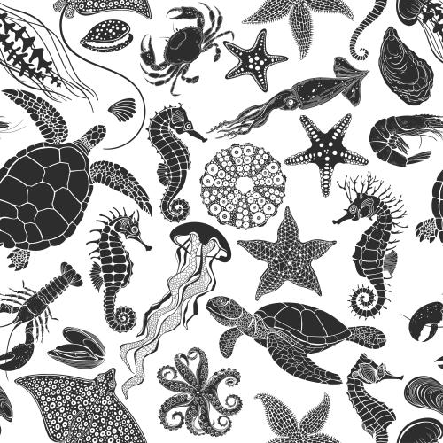 Miesmuschel. Vektor meeresbewohner schildkroete kalmar skat oktopus lobster meerespferdchen quallen und andere schwarze silhouetten auf weisem