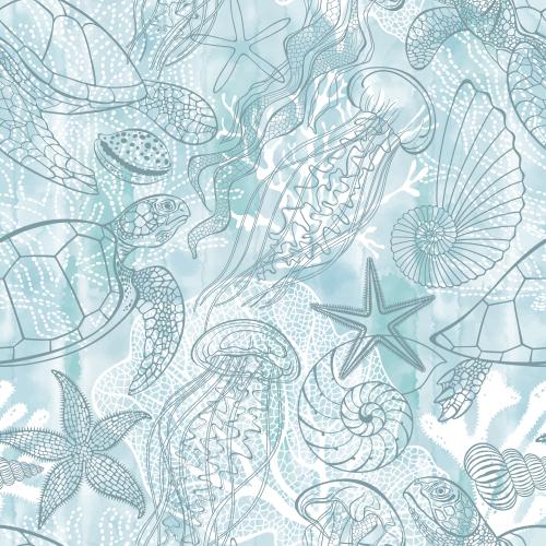 Nautilus. Vektor Schildkroeten, Quallen, Meersterne, Muscheln, Nautilus, Korallen, Algen auf blauer Aquarell