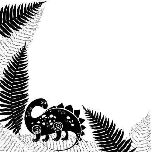Dinosaurier. Vektor cartoonartiger Dinosaurier, Farnblätter, Platz für Text auf weißem