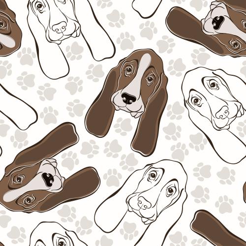 Hund. Vektor Porträts Basset Hunde und Pfotenabdrücke auf hellem