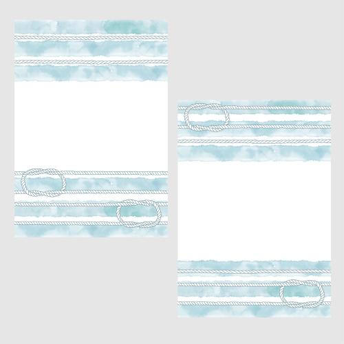 Postkarte. Vektor zwei Postkarten mit maritmem Thema, Wasserfarbenstreifen, Seilen, Seemannsknoten und Platz für Text
