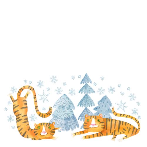 Tiger. Vektor aquarellcartoonartige Tigern, Erlen, Schneeflocken, Platz Für Text Auf Weissem