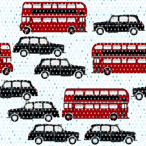 Abstrakte. Vektor rote zweistöckige Busse, Taxis unter dem Regen