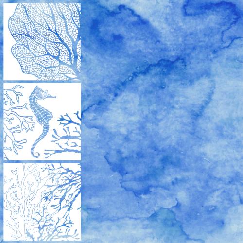 Vektorgrafik komposition mit marinem thema, seepferdchen, unterwasserpflanzen und platz fuer text auf blauer wasserfarbe