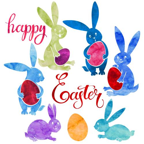 Rasterbild farbenfrohe aquarellkaninchen mit ostereiern schriftzug happy easter auf weißem