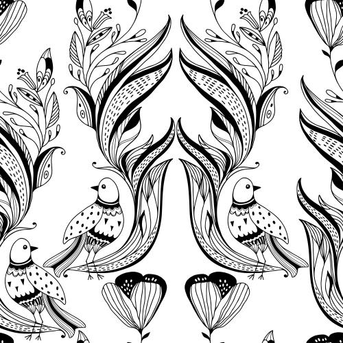 Vektorgrafik fantasievolle blumen, stylisierte vögel auf weißem