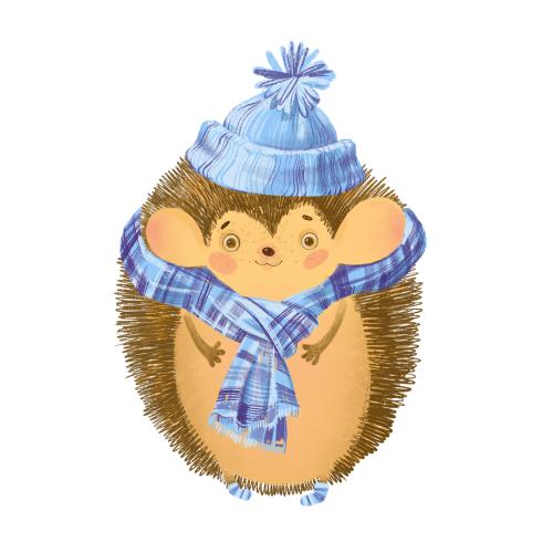 Rasterbild süßer cartoonartiger igel in der mütze und schal