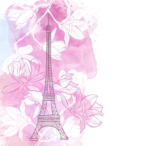 Eiffelturm. Vektor Magnolie, Konturen und Silhouetten, Eiffelturm auf Aquarell, Platz für Text auf weißem